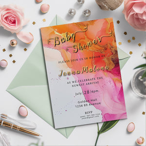 Hot Pink Floral Baby Shower Invitation – Alcohol Ink Editable Template