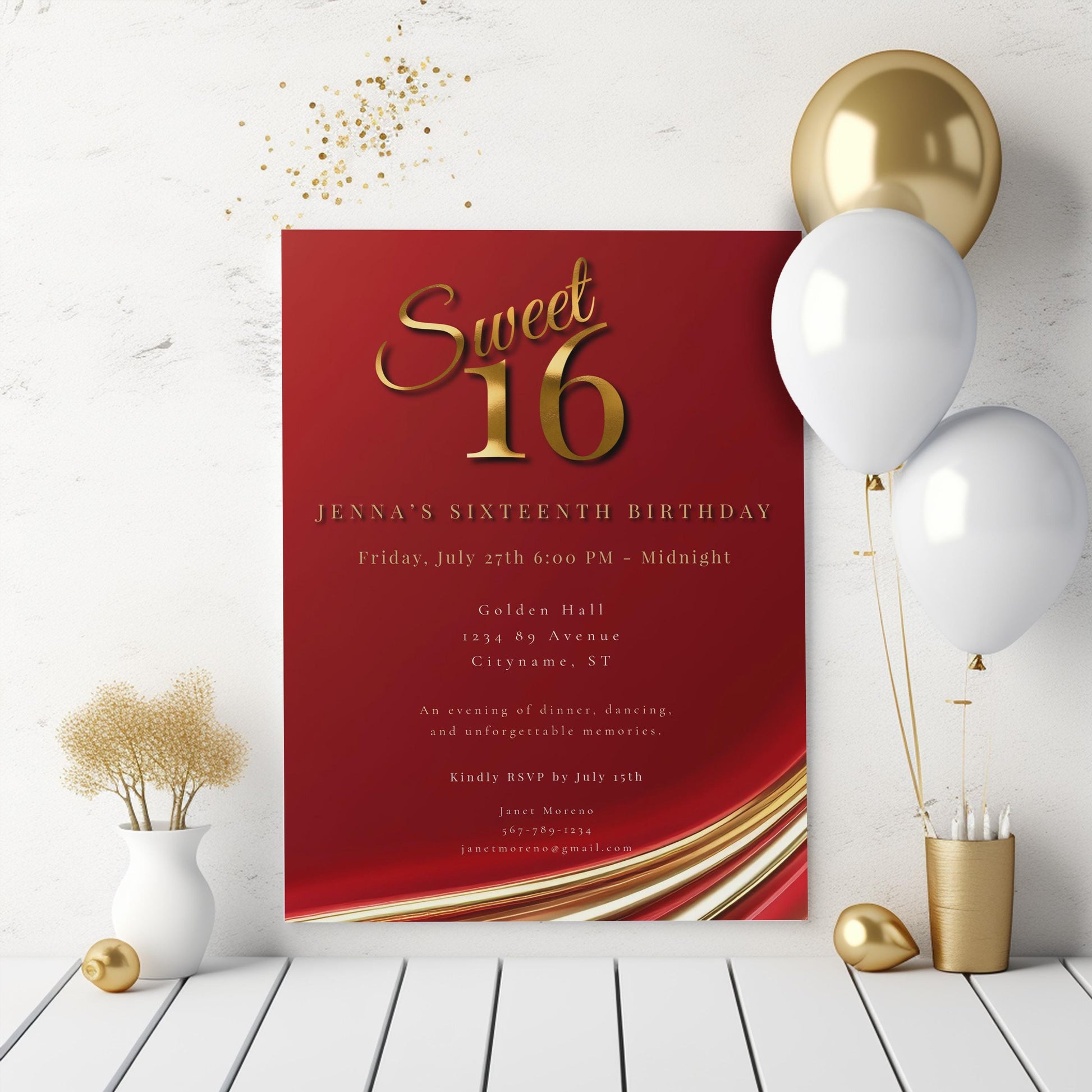 Red and Gold Sweet 16 Invite, Customizable Digital Invitation Template, Elegant Quinceanera Birthday Invite