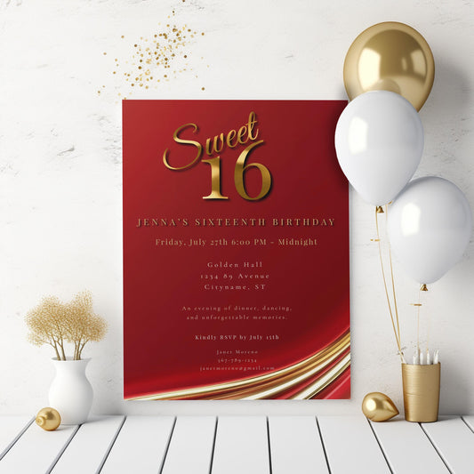 Red and Gold Sweet 16 Invite, Customizable Digital Invitation Template, Elegant Quinceanera Birthday Invite