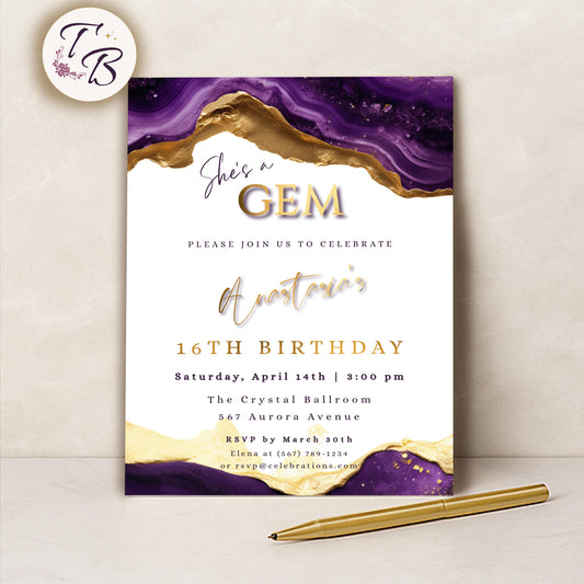 Gemstone Birthday Invitation – Editable Purple Gold Agate Sweet 16 Party Card