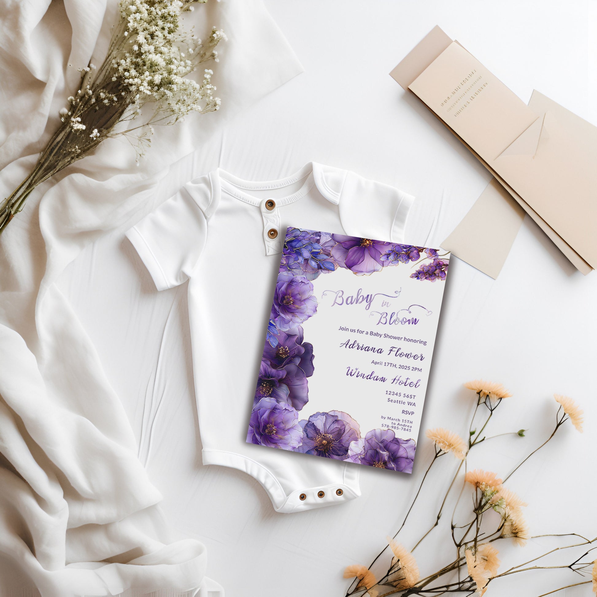 Purple Floral Baby Shower Invitation | Alcohol Ink Editable Design | Digital Download Template