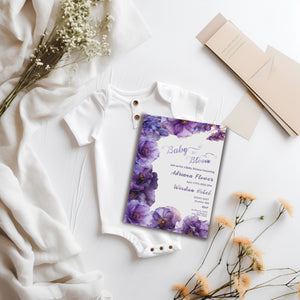 Purple Floral Baby Shower Invitation | Alcohol Ink Editable Design | Digital Download Template