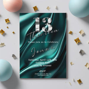 13th Birthday invitation girl teal-Invite Template - Official teenager-editable Digital Download, Teal and Silver-Teen Birthday
