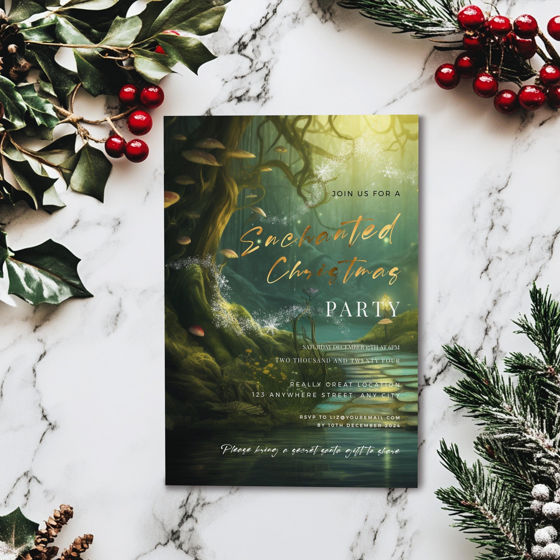 Enchanted Forest Christmas Party Invitation – Elegant Holiday Editable Template