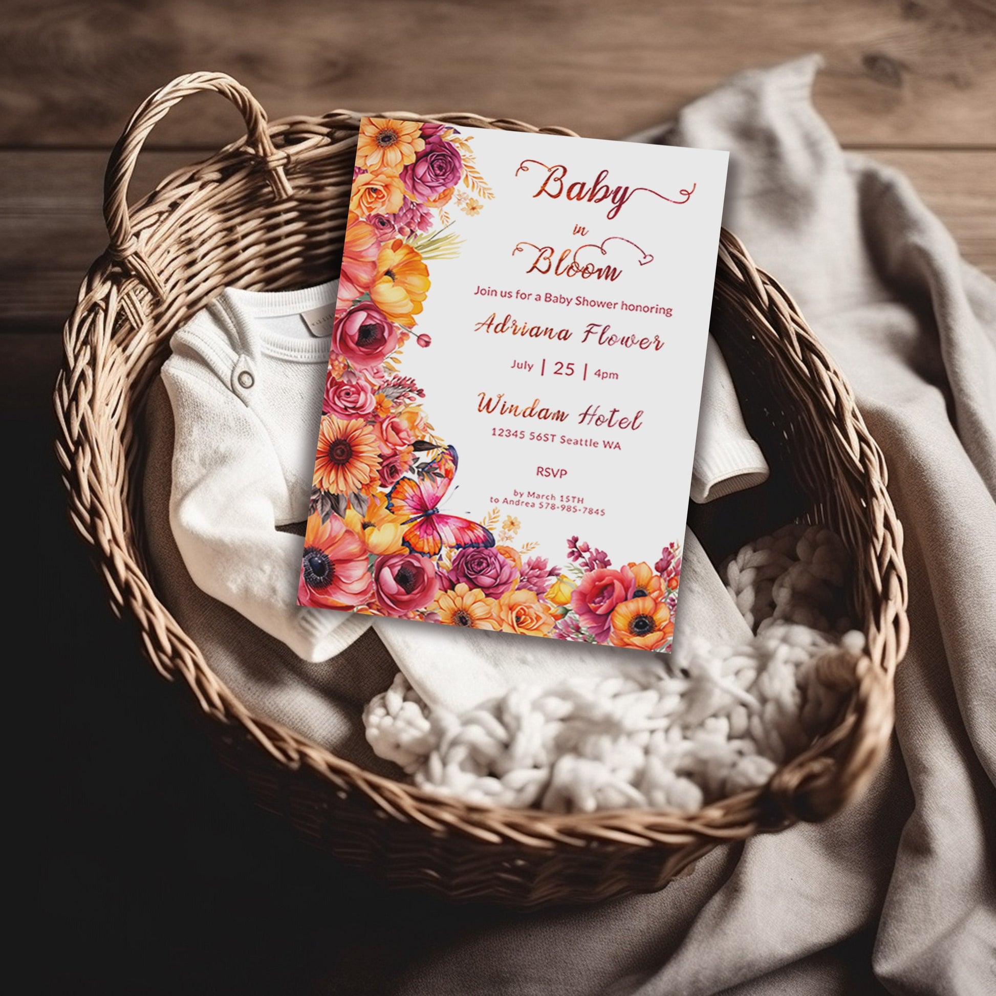 Floral Baby Shower Invitation | Hot Pink & Orange Fiesta Theme | Editable 5x7 Template