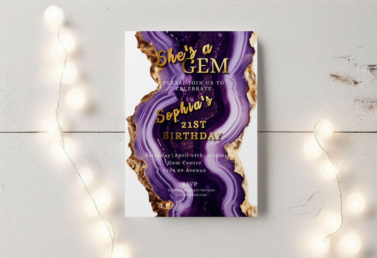 Gemstone Birthday Invitation - Editable 5x7 Printable Amethyst Gem Design