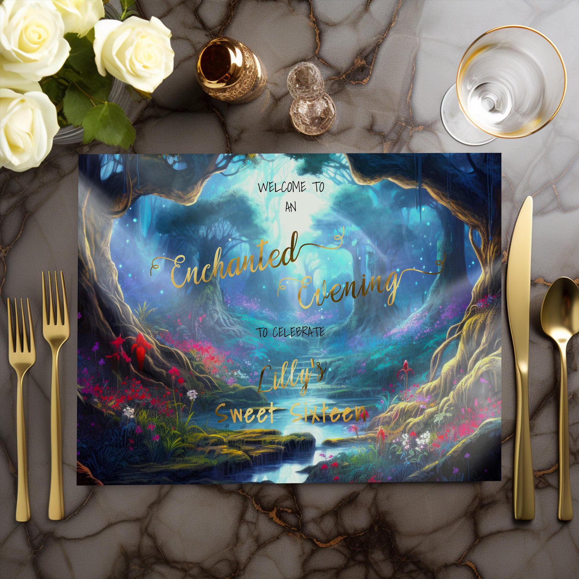 Enchanted Forest Placemat – Editable Party Template With Gold Foil Lettering
