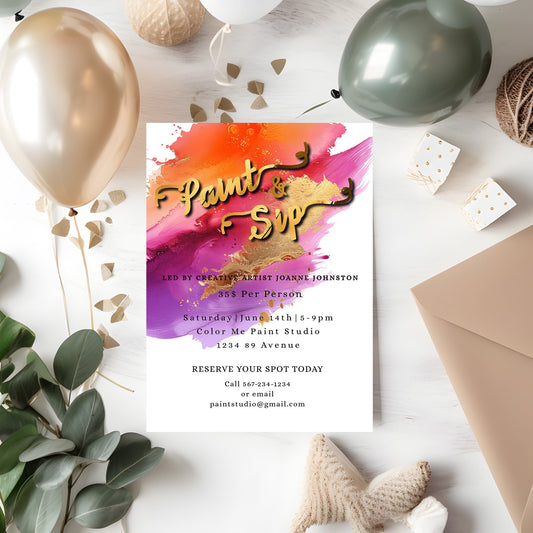 Paint & Sip Invitation | Elegant Gold Foil Editable Template | Printable Paint Night Party Invite
