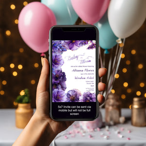 Purple Floral Baby Shower Invitation | Alcohol Ink Editable Design | Digital Download Template