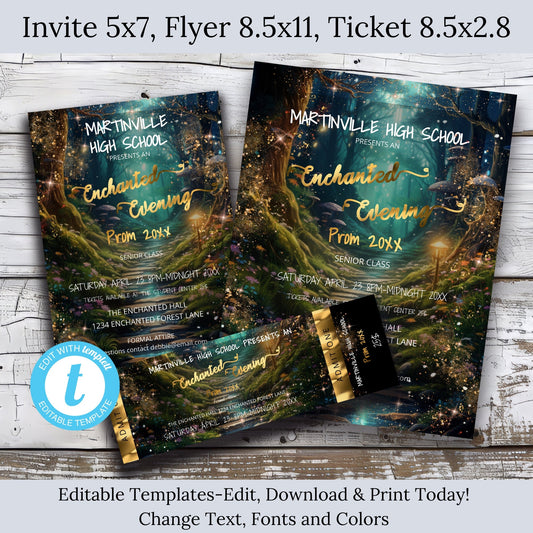 Enchanted Forest Prom Bundle | Invitation, Flyer & Ticket Editable Templates