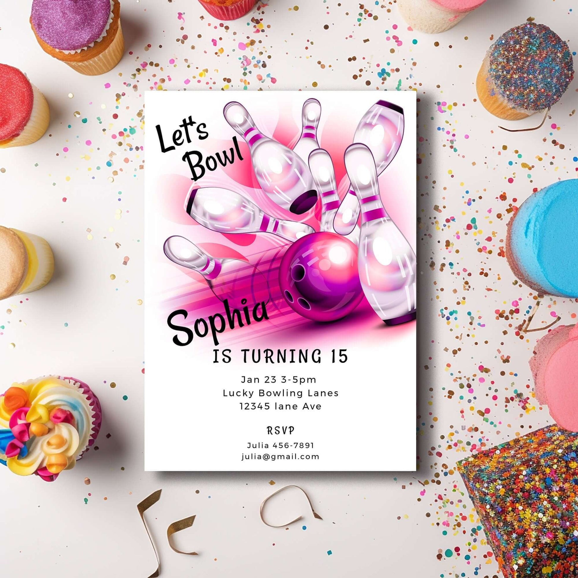 Bowling Party Invitation – Editable Digital Template featuring a fun bowling graphic and colorful cupcakes.