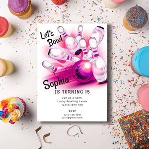 Bowling Party Invitation – Editable Digital Template featuring a fun bowling graphic and colorful cupcakes.