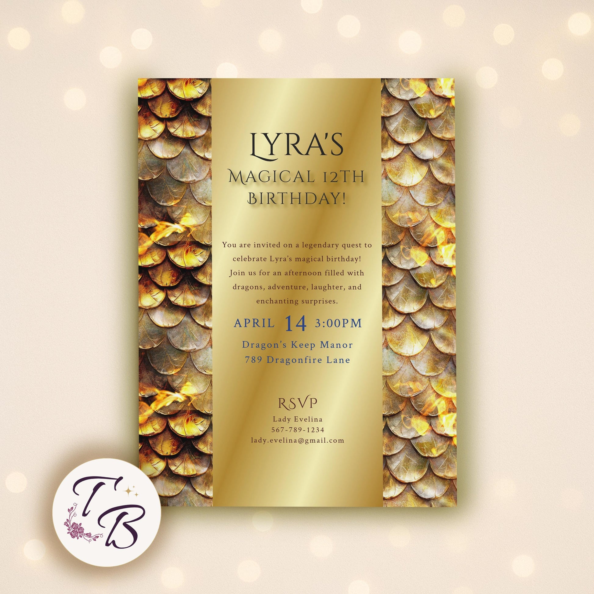 Dragon Birthday Invitation - Editable Party Template With Golden Scales & Medieval Design