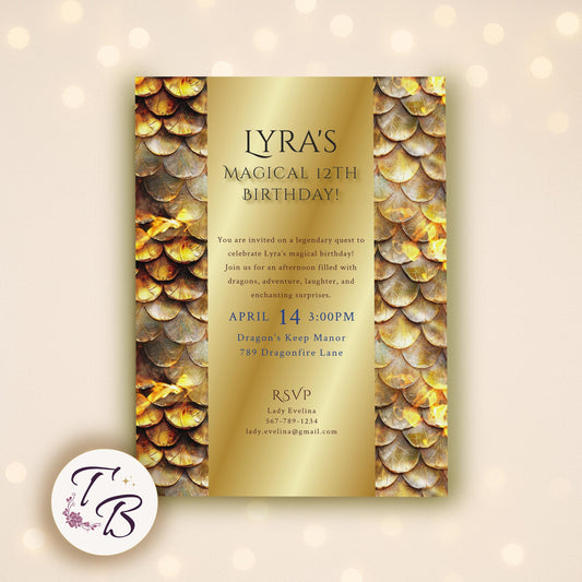 Dragon Birthday Invitation - Editable Party Template With Golden Scales & Medieval Design