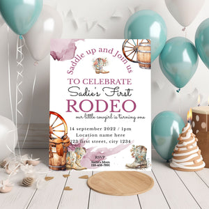 Editable Girl's 1st Rodeo Birthday Invitation Template | Western Cowgirl Party 5x7