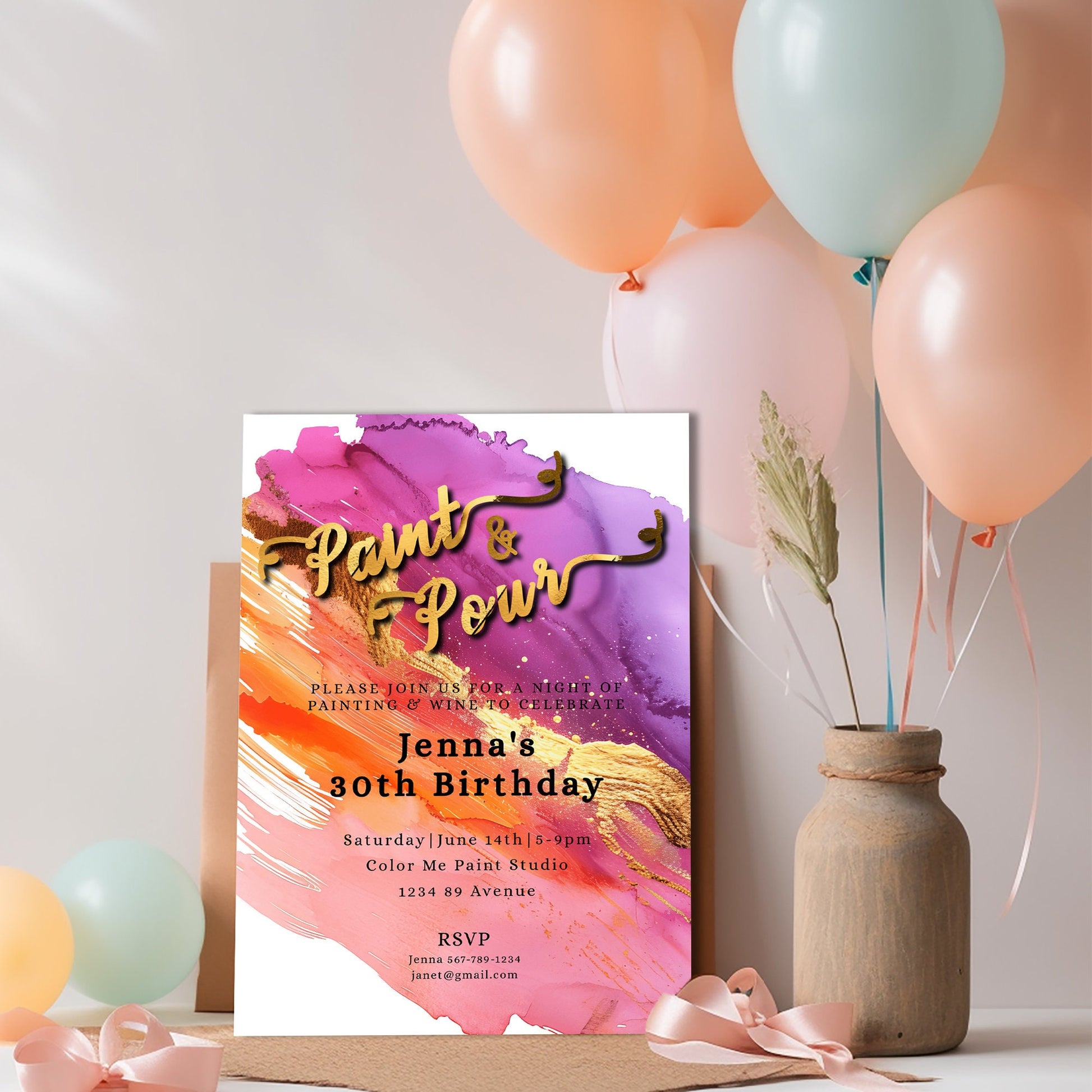 Paint & Pour Birthday Invitation | Editable Art Party Template | Gold Foil 5x7 Digital Download