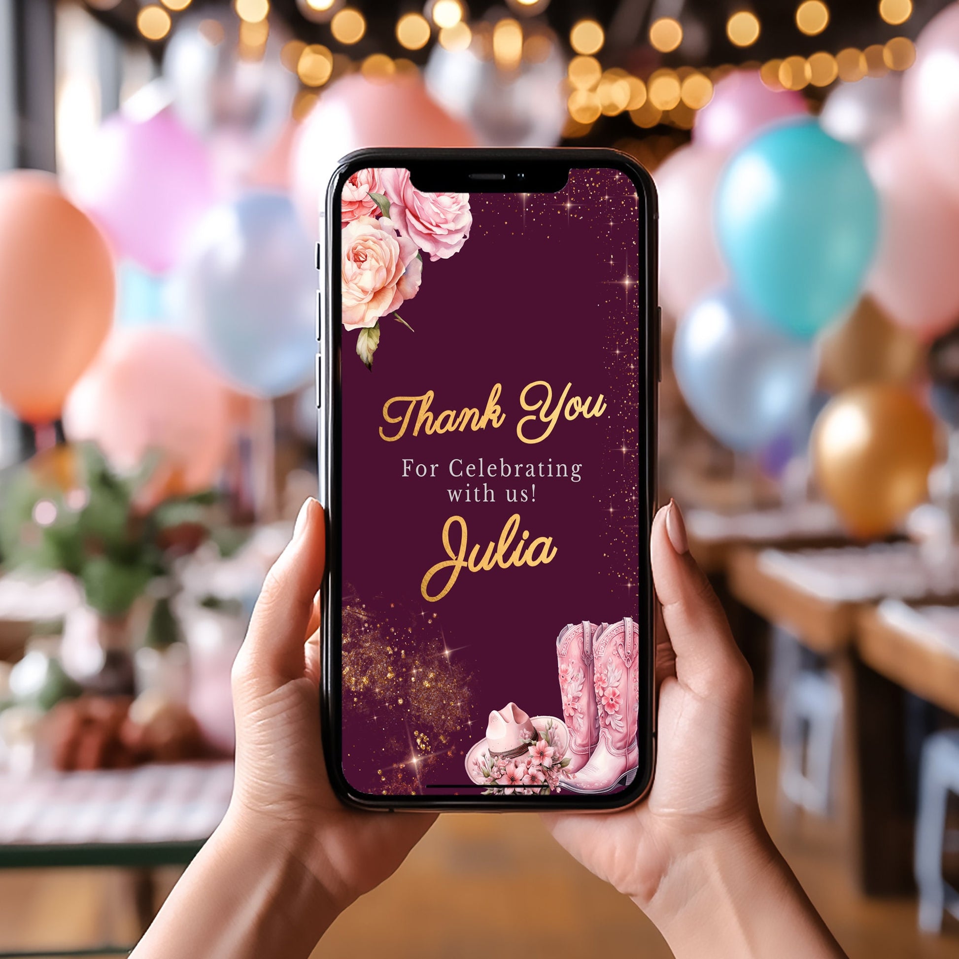 Pink Cowgirl Birthday Mobile Invite: Gold Foil, Thank You Note (Editable Template)