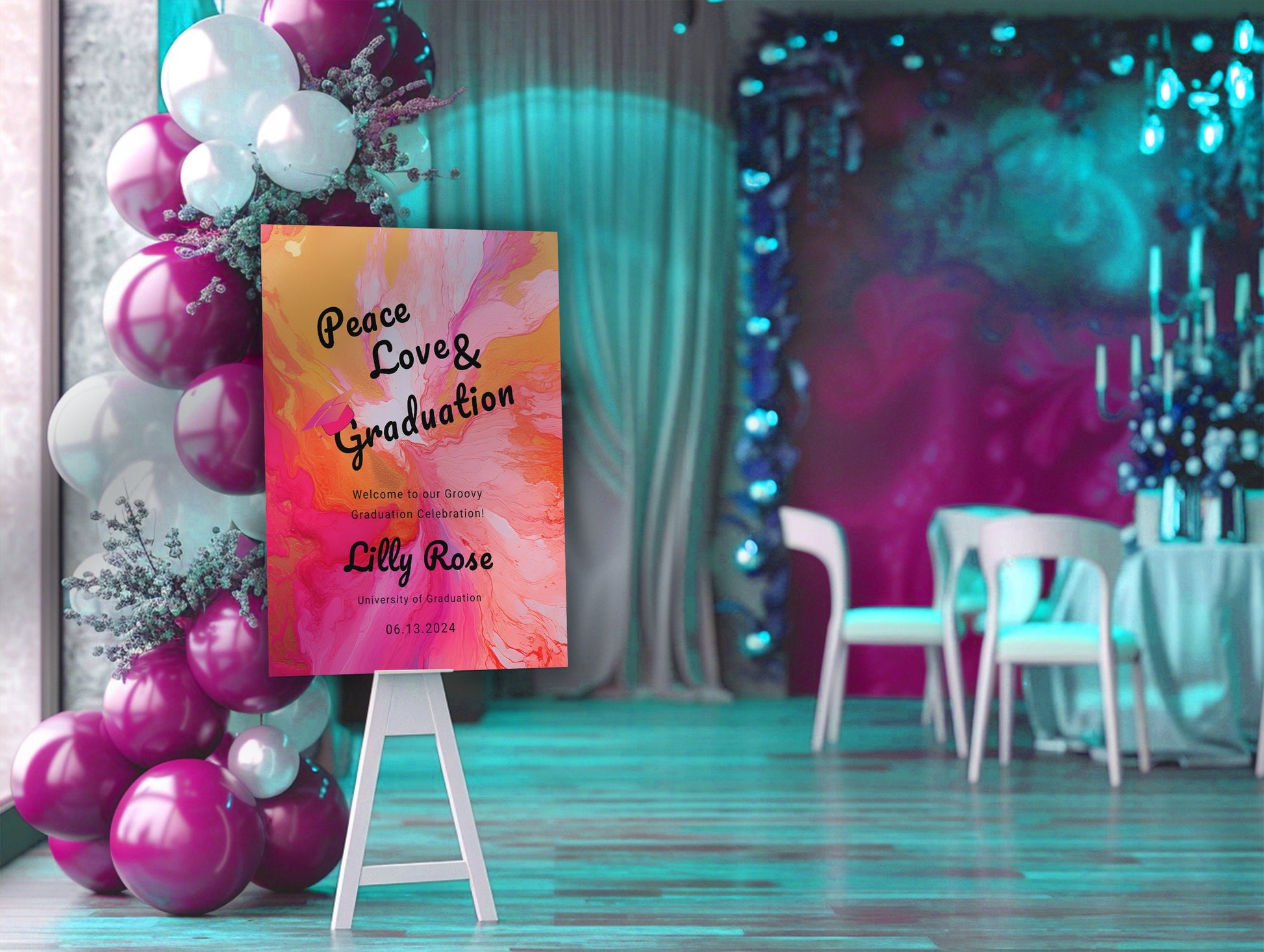 Groovy Retro Graduation Welcome Sign: Hot Pink & Orange Poster (Editable)