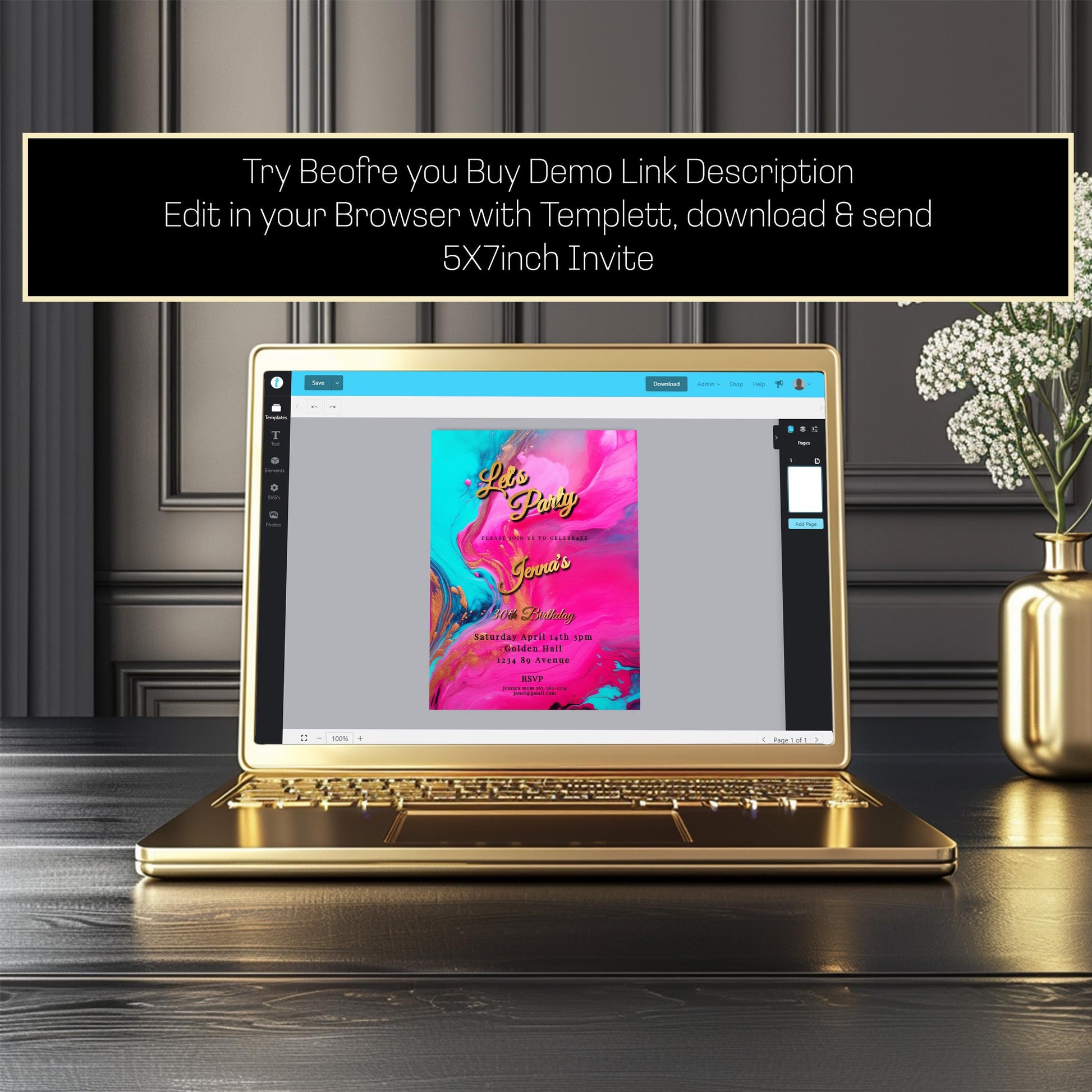 Hot Pink, Teal & Gold Birthday Editable Invitation 5x7in -brunch invite-Editable, Printable - style