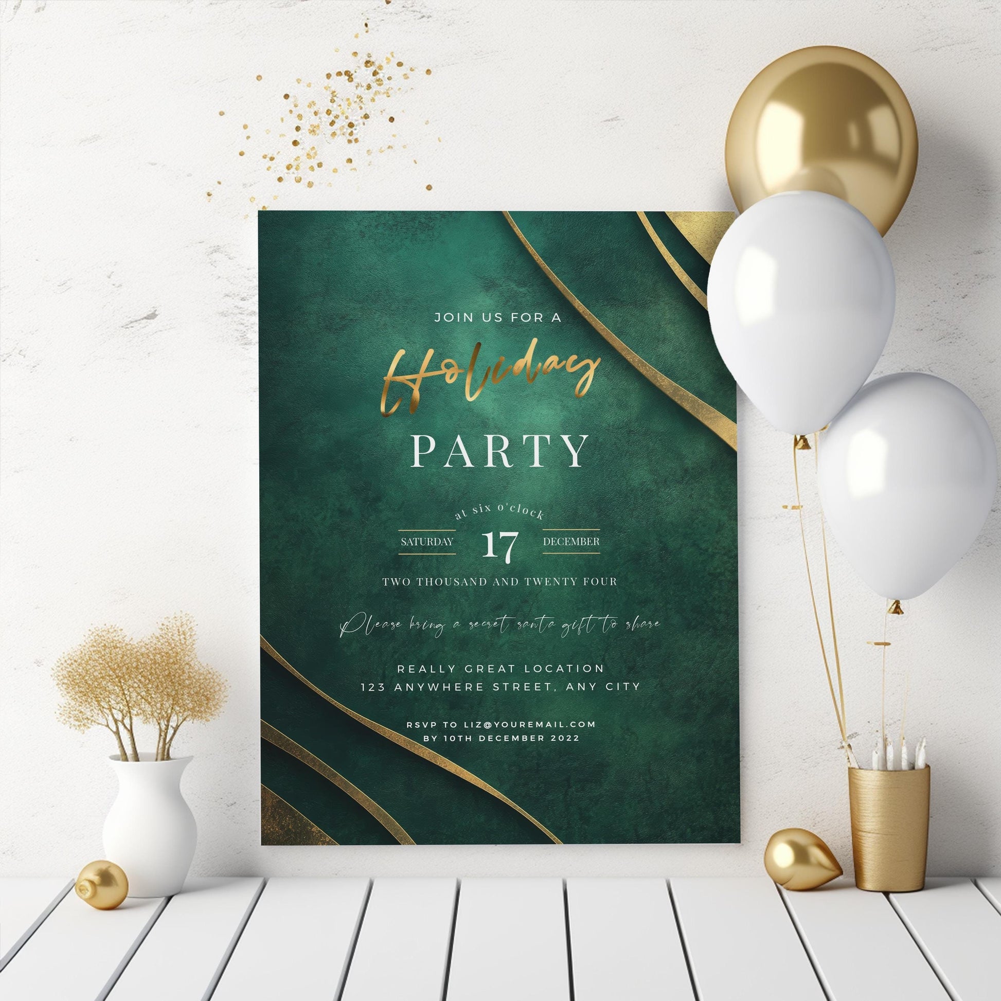 Emerald Green and Gold Christmas Holiday Party Invite 5x7 - Instant Download,  Formal party invitation