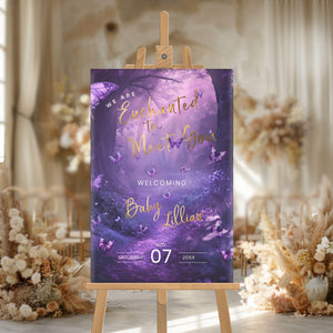 Enchanted Forest Baby Shower Welcome Sign – Purple Butterfly Editable Template