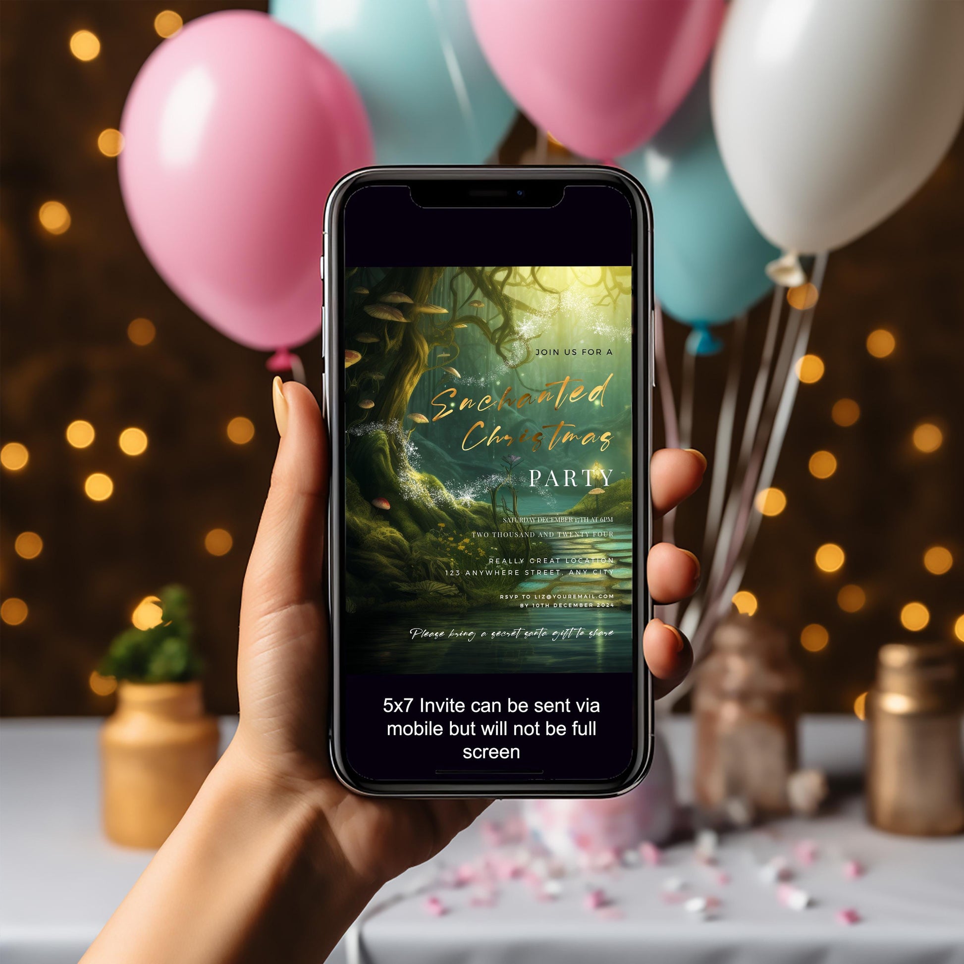 Enchanted Forest Christmas Party Invitation – Elegant Holiday Editable Template