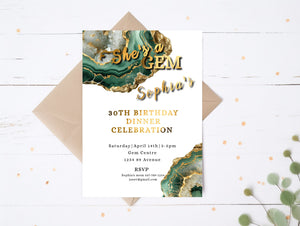 Green & Gold Geode Birthday Invitation | Elegant Crystal Party Template | Editable 5x7 Digital Download