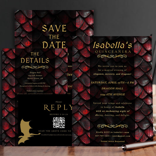 Red and Gold Dragon Quinceañera Invitation Set | Editable Gothic Fantasy Template Suite