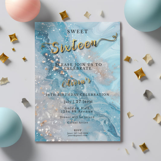 Light Blue Sweet 16 Invitation – Silver Glitter Editable Template