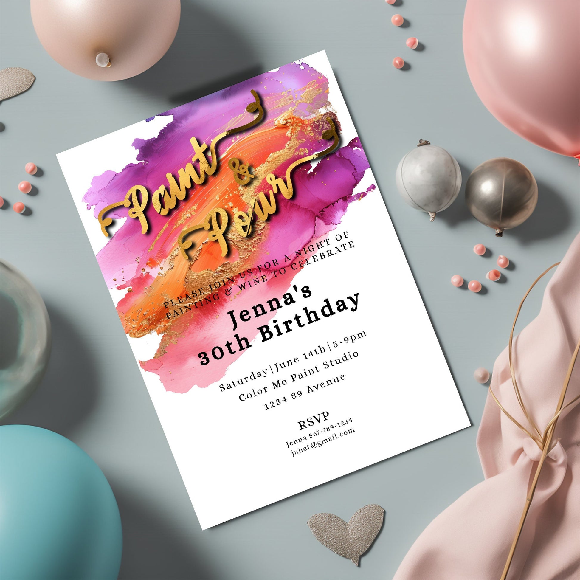 Paint & Pour Birthday Invitation | Editable Art Party Template | Printable 5x7 Design