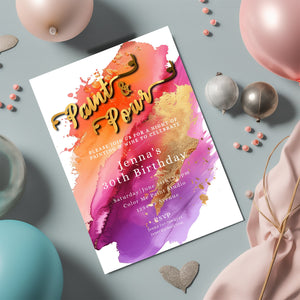 Paint & Pour Birthday Invite-Paint Night-Paint and Sip-Pour-Orange-Pink-Purple-Gold-Editable, Printable- elegant-Art Party-Girls Night out