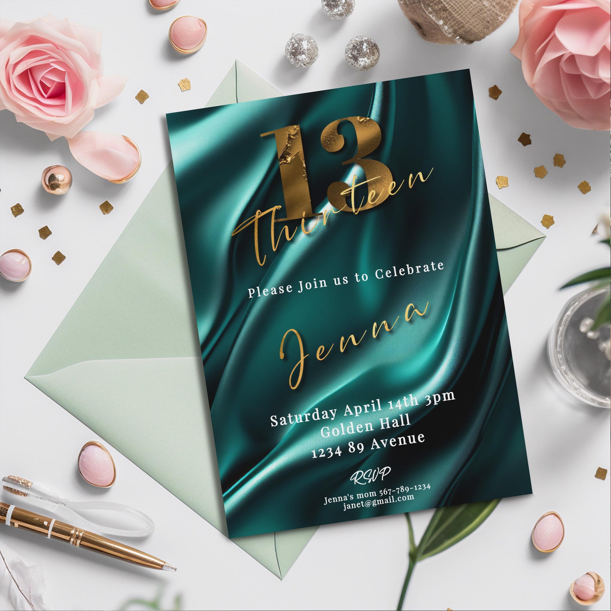13th Birthday invitation girl teal-Invite Template - Official teenager-editable Digital Download, Teal and Gold-Teen Birthday