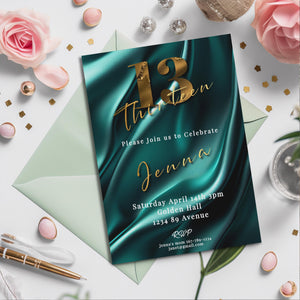 13th Birthday invitation girl teal-Invite Template - Official teenager-editable Digital Download, Teal and Gold-Teen Birthday