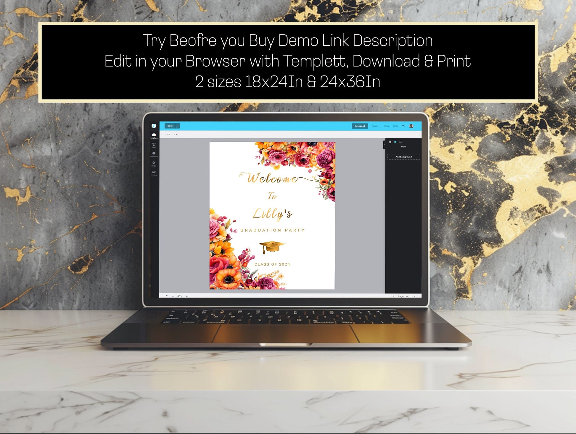 Floral Graduation Welcome Sign: Hot Pink & Gold (Editable Template)