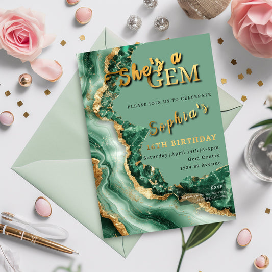 Dark Green & Gold Birthday Invitation | Elegant Geode 5x7 Template | Editable Digital Download