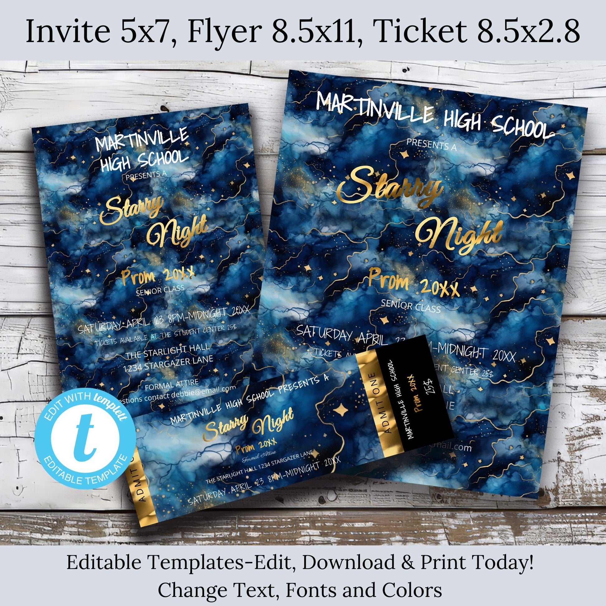 Starry Night themed invitations, flyer, and ticket on a wooden surface with 'Editable Templates' branding.