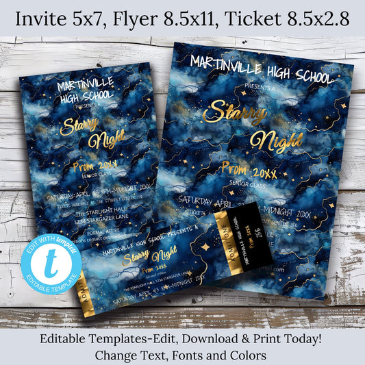 Starry Night themed invitations, flyer, and ticket on a wooden surface with 'Editable Templates' branding.
