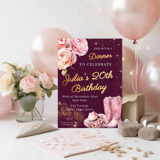 Pink Cowgirl Birthday Dinner Invitation Template (5x7in Printable)