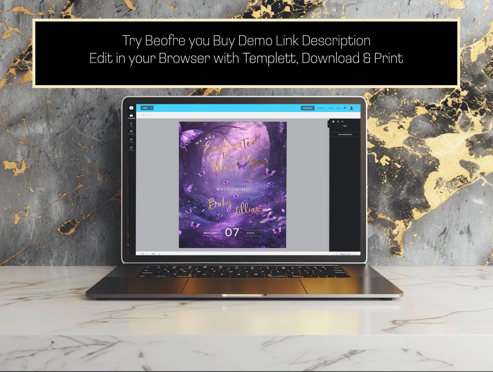 Enchanted Forest Baby Shower Welcome Sign – Purple Butterfly Editable Template