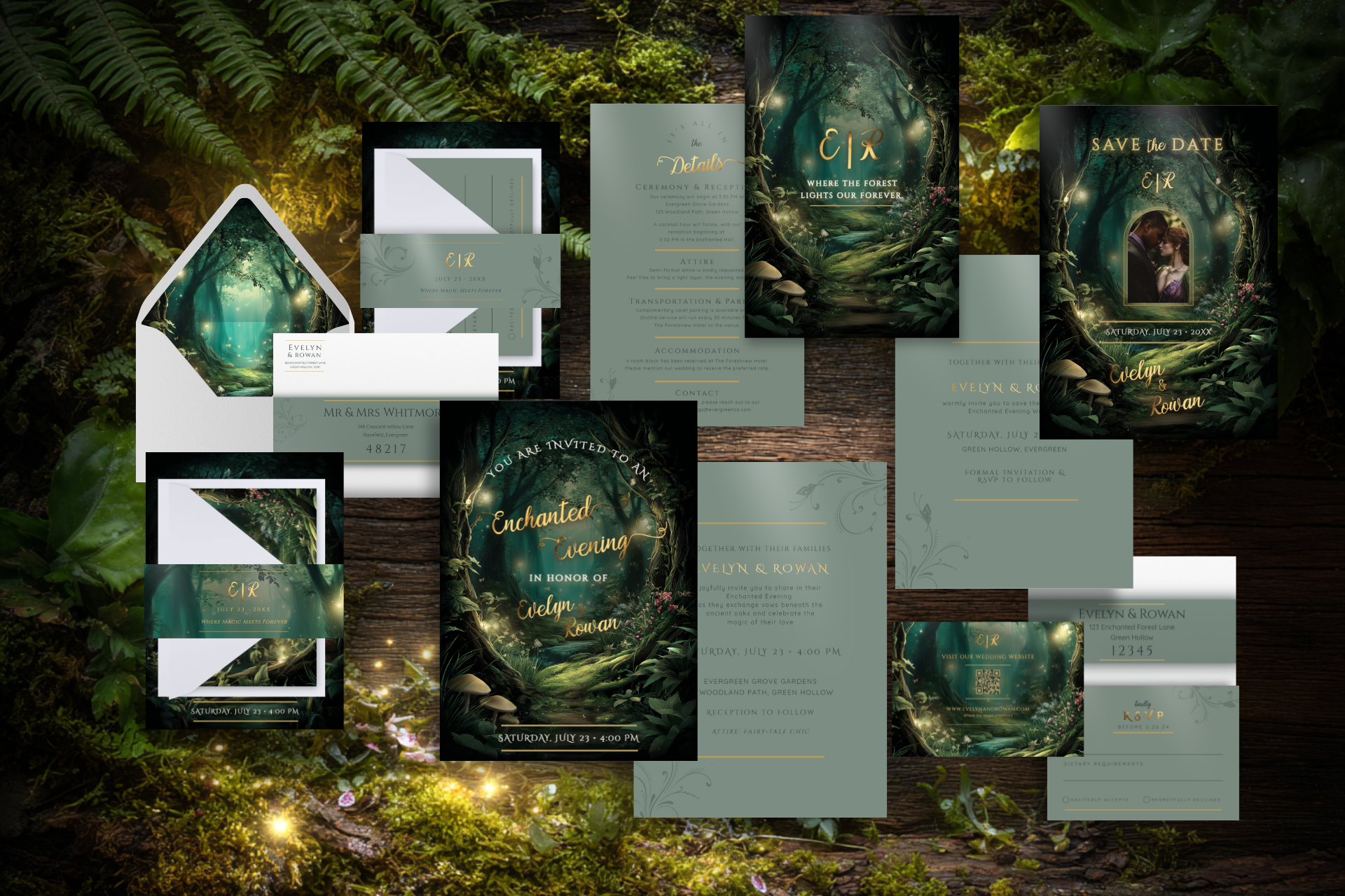 Enchanted Forest Wedding Invitation – Luxury Editable Template Bundle | Digital Suite