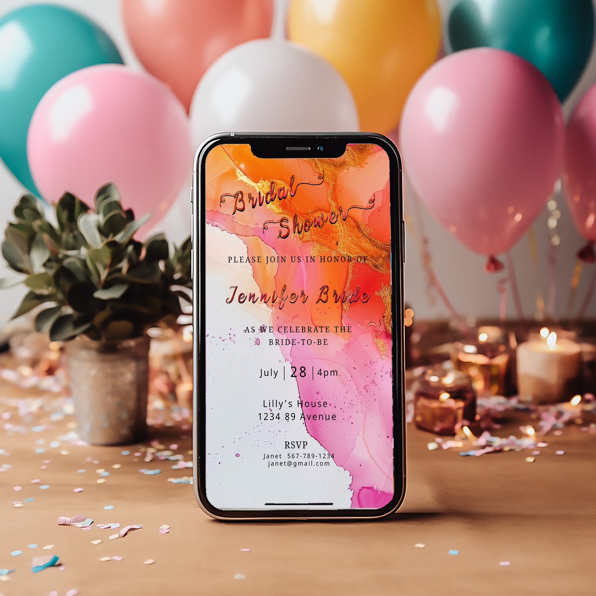 Hot Pink and Orange Bridal Shower Invitation 5x7in -brunch invite-Editable, Printable -Gold- elegant-Alcohol Ink-Mobile