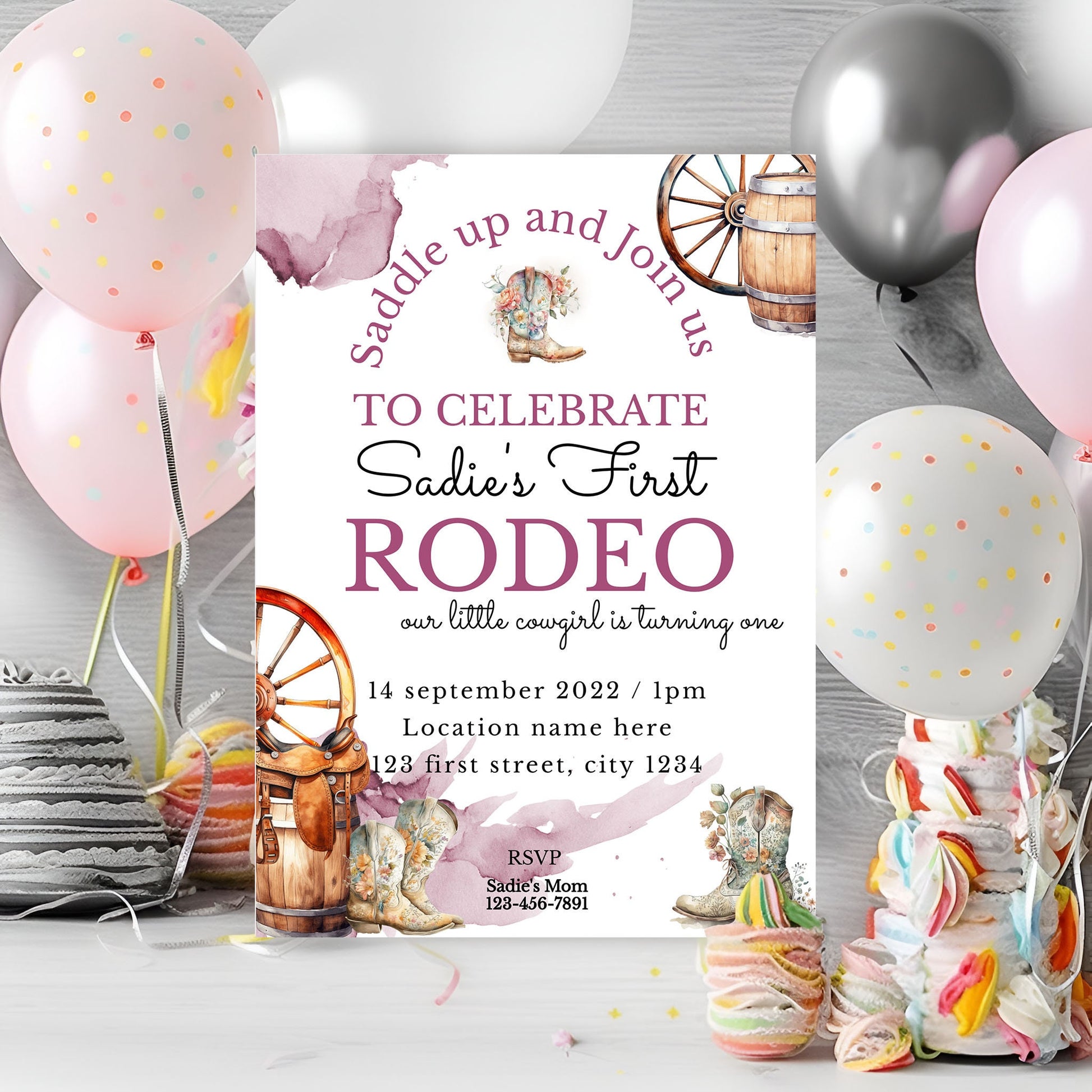Editable Girl's 1st Rodeo Birthday Invitation Template | Western Cowgirl Party 5x7