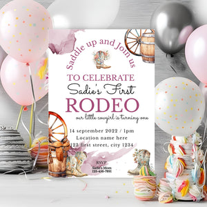 Editable Girl's 1st Rodeo Birthday Invitation Template | Western Cowgirl Party 5x7