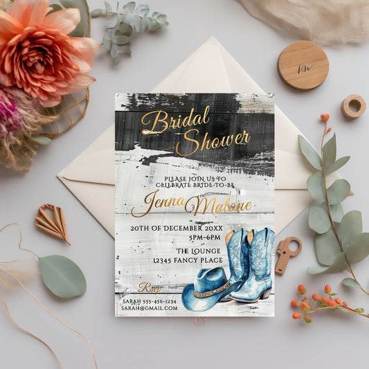 Blue Coastal Cowgirl Bridal Shower Invitation Template | Rustic Gold