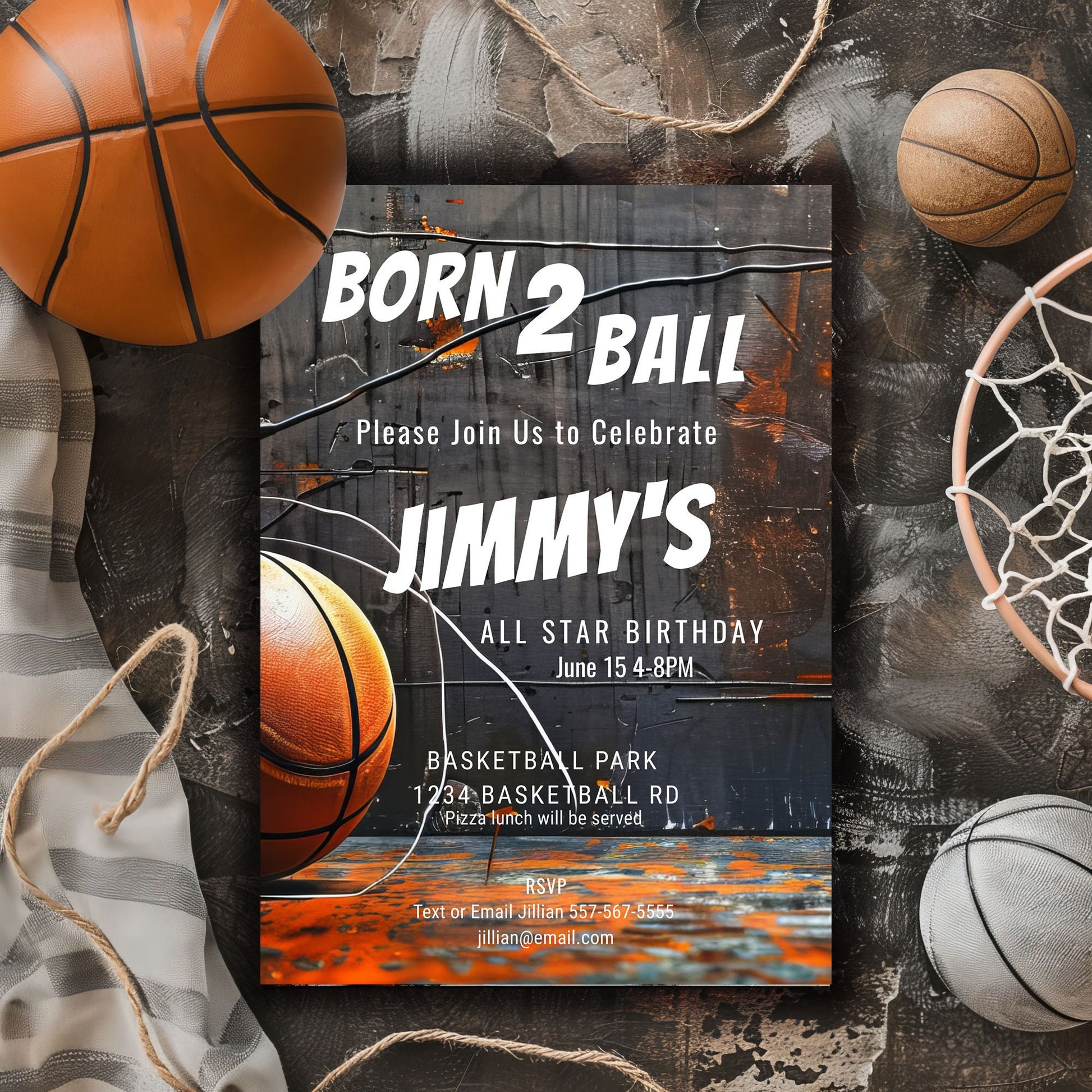 Basketball Birthday Invitation: Born 2 Ball, Grunge Style (5x7 Printable Template)