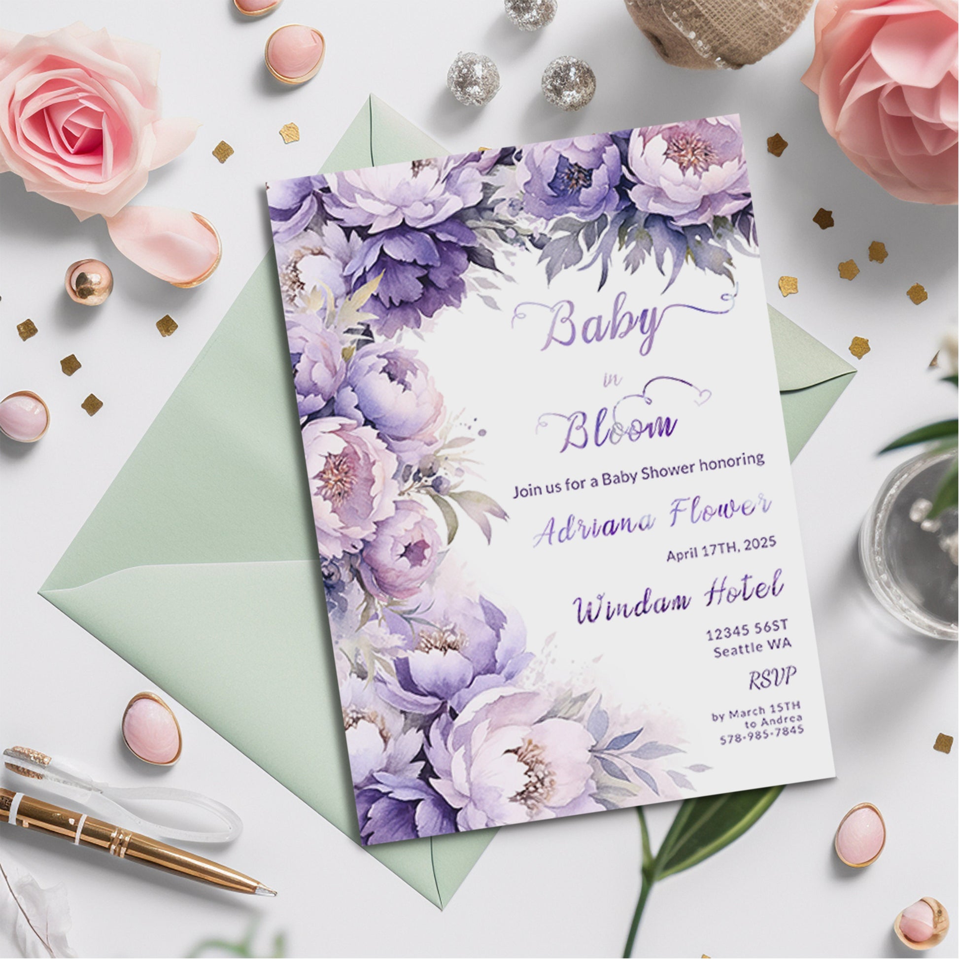 Lavender Floral Baby Shower Invitation – Editable Watercolor Template
