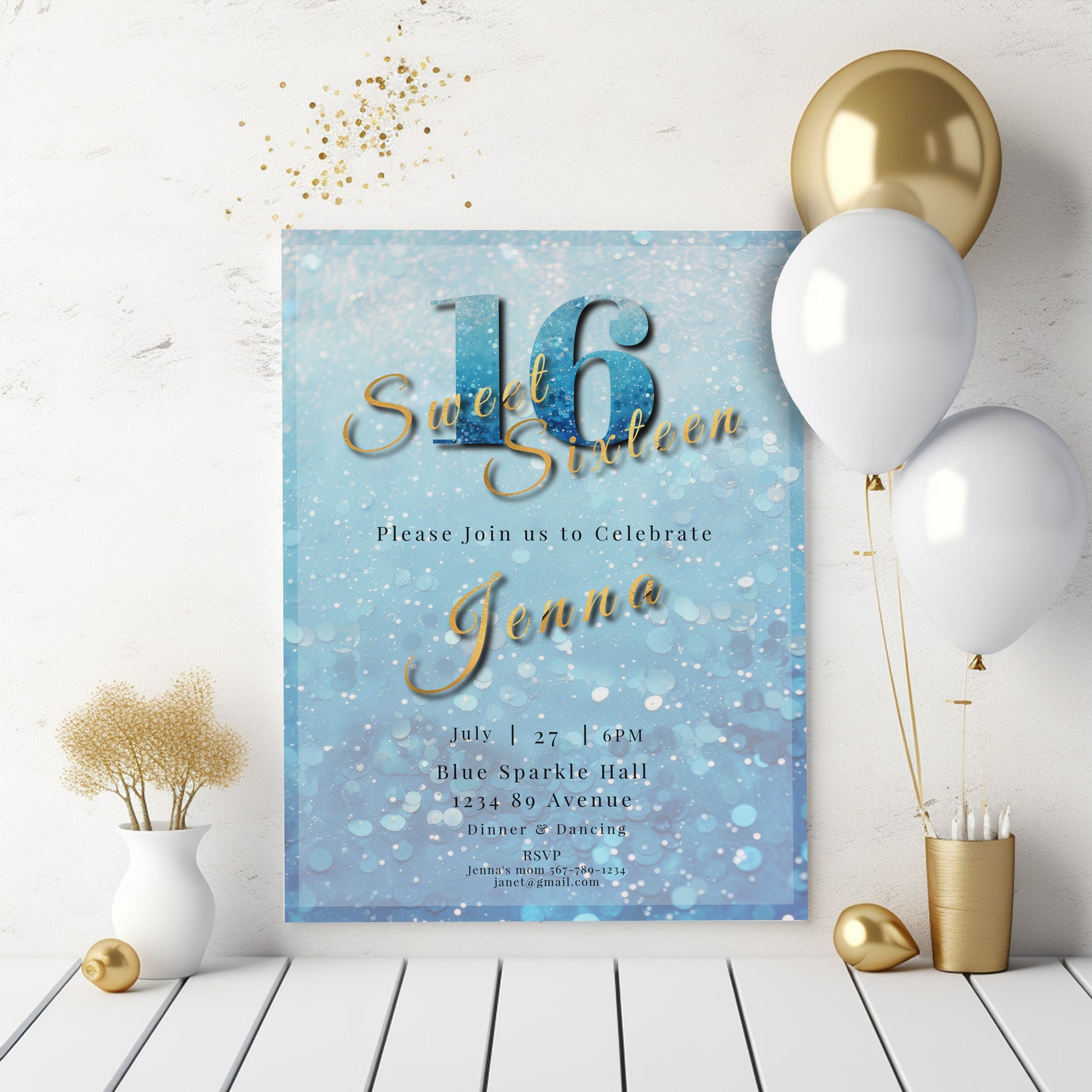 Sweet 16 Invitation Light Blue- blue and silver Glitter-Editable template-Evite-Printable-Blue Sparkles