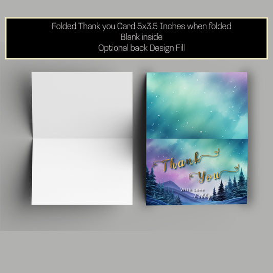 Aurora Borealis Thank You Card: Gold Lettering, Winter Forest (Template Editable)