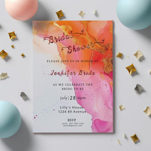 Hot Pink & Orange Baby Shower Invitation Editable Alcohol Ink Invite Template