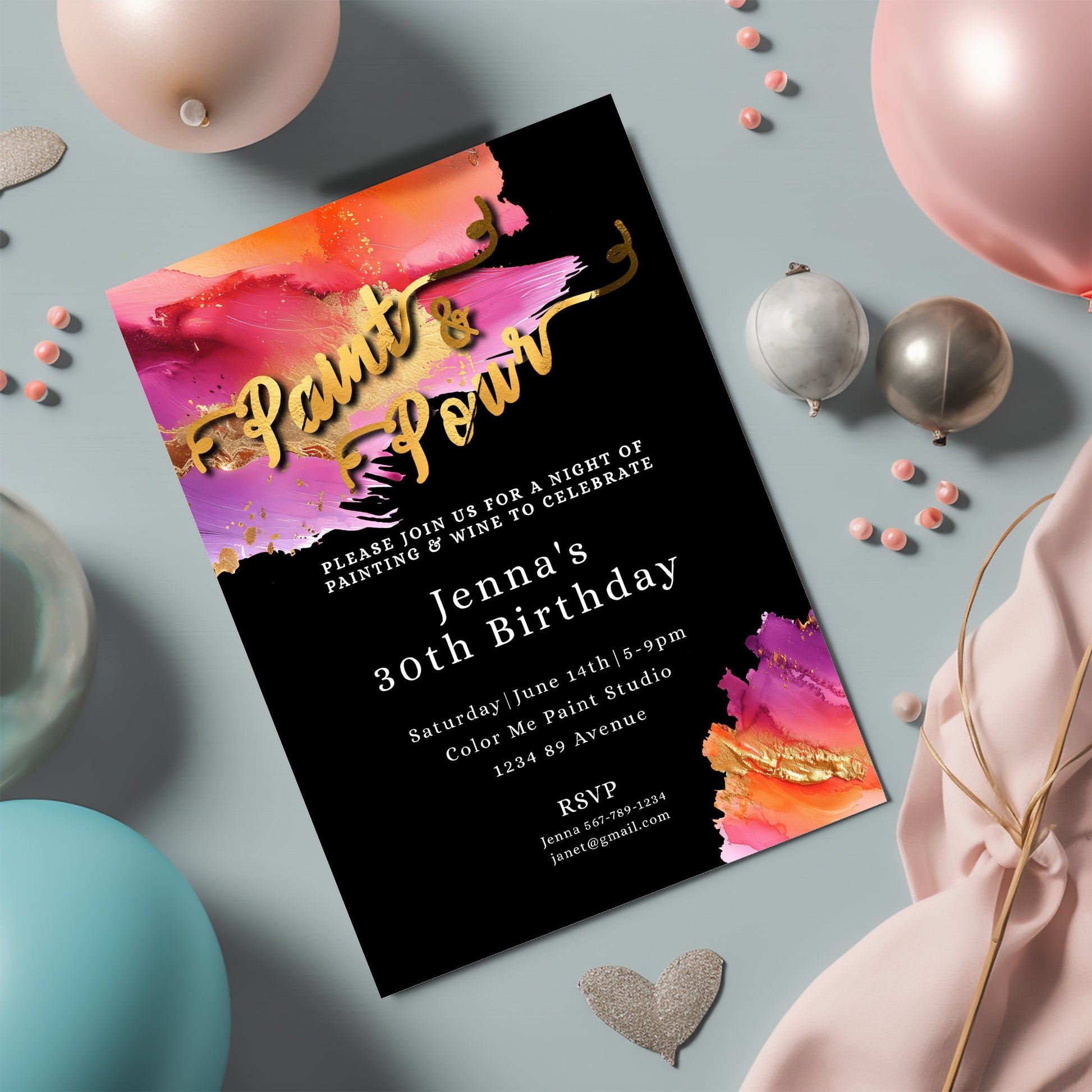 Paint & Pour Birthday Invitation | Editable 5x7 Art Party Template | Gold Foil Evite